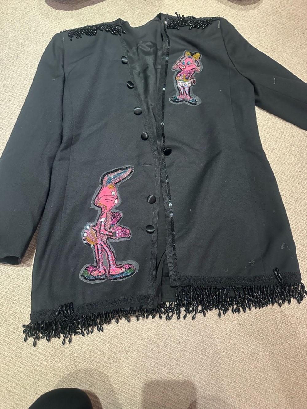 Black Beaded Fringe Jacket with Pink Sequin Cartoon Patches vintage blazer